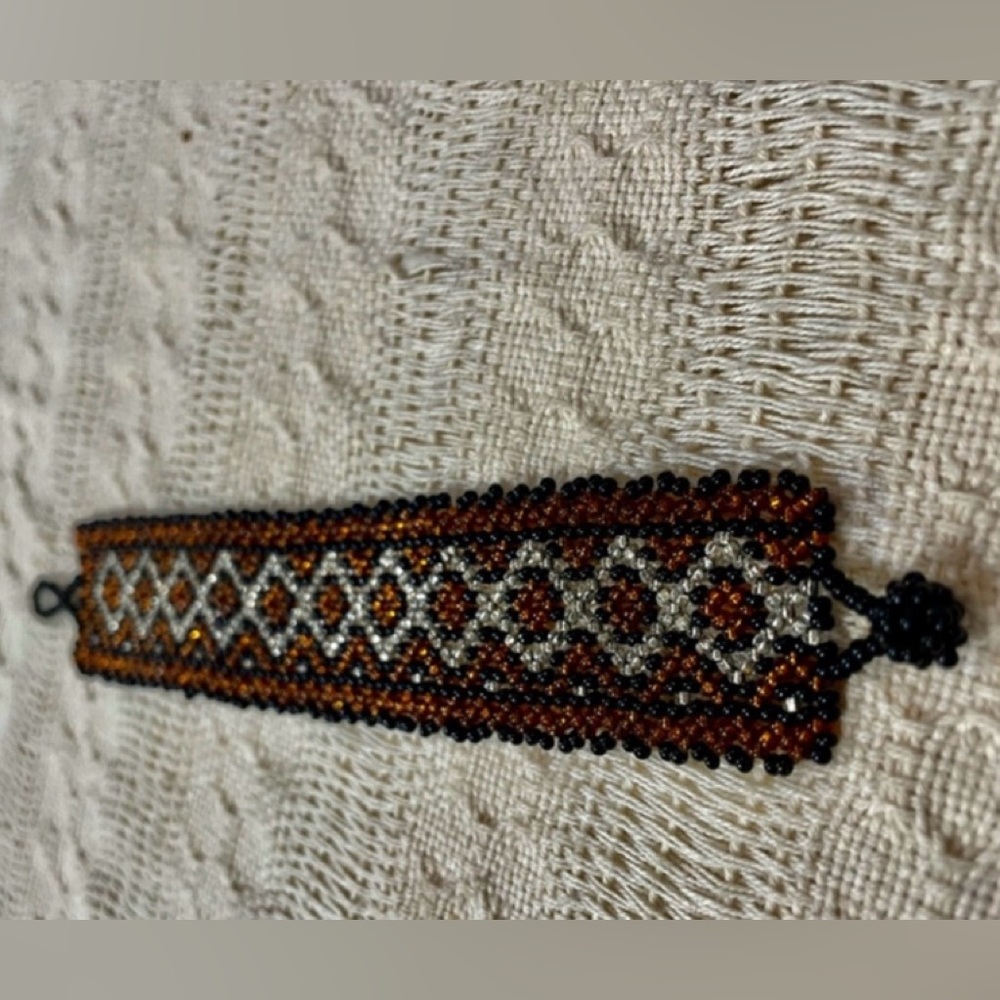 Vintage Huichol Seed Bead Bracelet Bronze, Silver & Black Diamond Design …